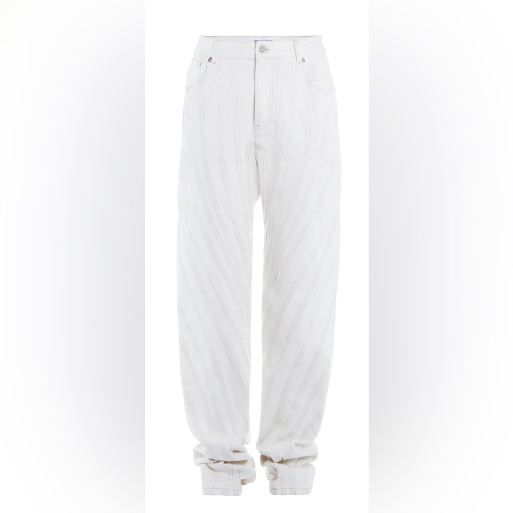 💥SALE💥Retail $950 NWT Mugler White Denim Spiral Seams Long Length JEANS Sold Out - Picture 2 of 15